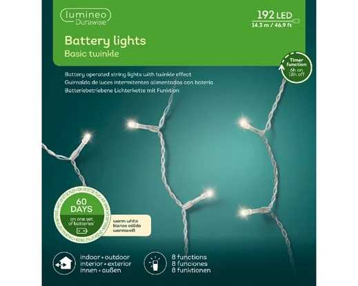 LUCI A BATT. 192LED B.CALDO 14.3MT FILO TRASP 8FUNZ.OUTDOOR