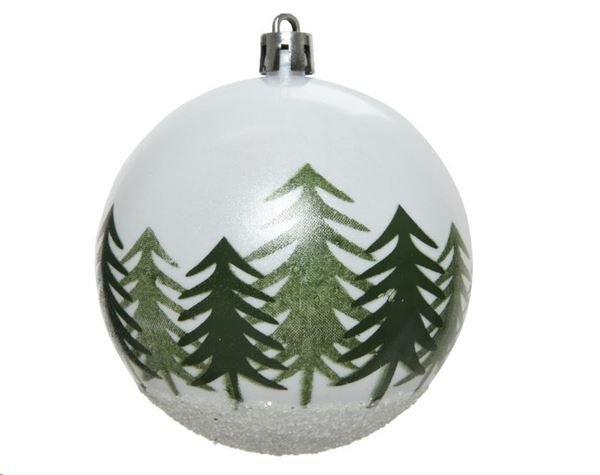 PALLINA NATALE PLASTICA DIA8CM BIANCO CON ALBERI VERDI