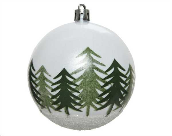 PALLINA NATALE PLASTICA DIA8CM BIANCO CON ALBERI VERDI