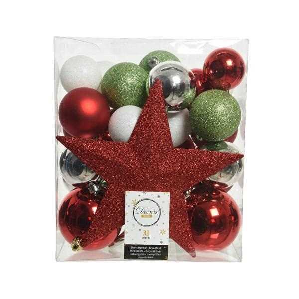 CONFEZIONE 33 PALLINE NATALE PLASTICA DIA8CM VER/BIA/ROSS/AR