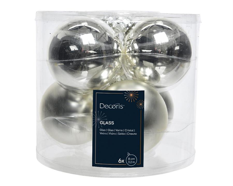 CONFEZIONE 6 PALLINE DI NATALE VETRO DIA8CM SILVER