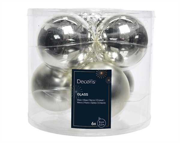 CONFEZIONE 6 PALLINE DI NATALE VETRO DIA8CM SILVER