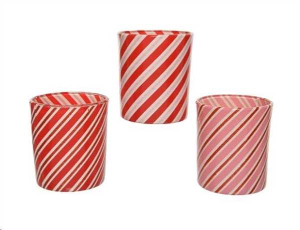 PORTACANDELA VETRO D7-H8.20CM ASS RIGHE ROSSO/BIANCO