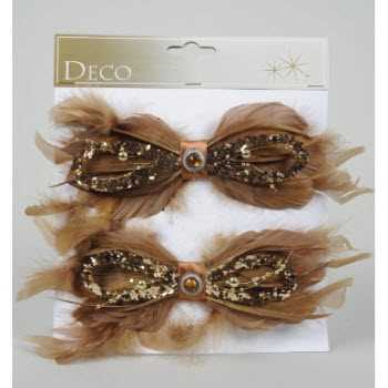 CONFEZIONE 2 FIOCCHI PIUME MARRONE CON CLIP CM.20