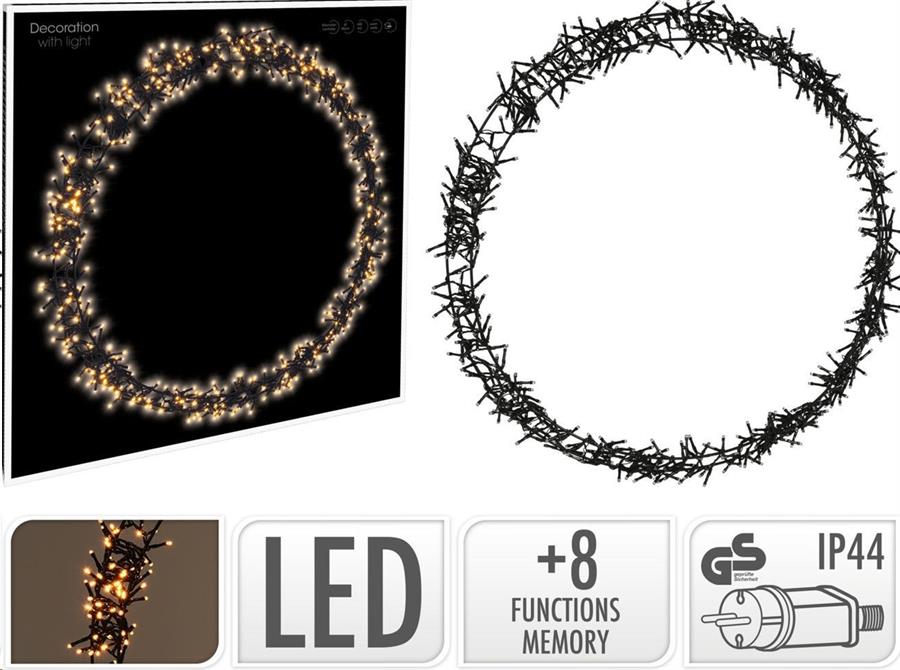CORONA DI LUCI 600LED F/NERO L.CALDA D68CM 8FUNZIONI