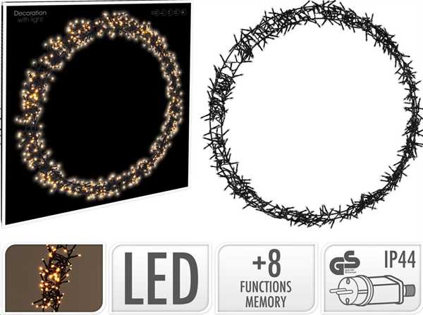 CORONA DI LUCI 600LED F/NERO L.CALDA D68CM 8FUNZIONI