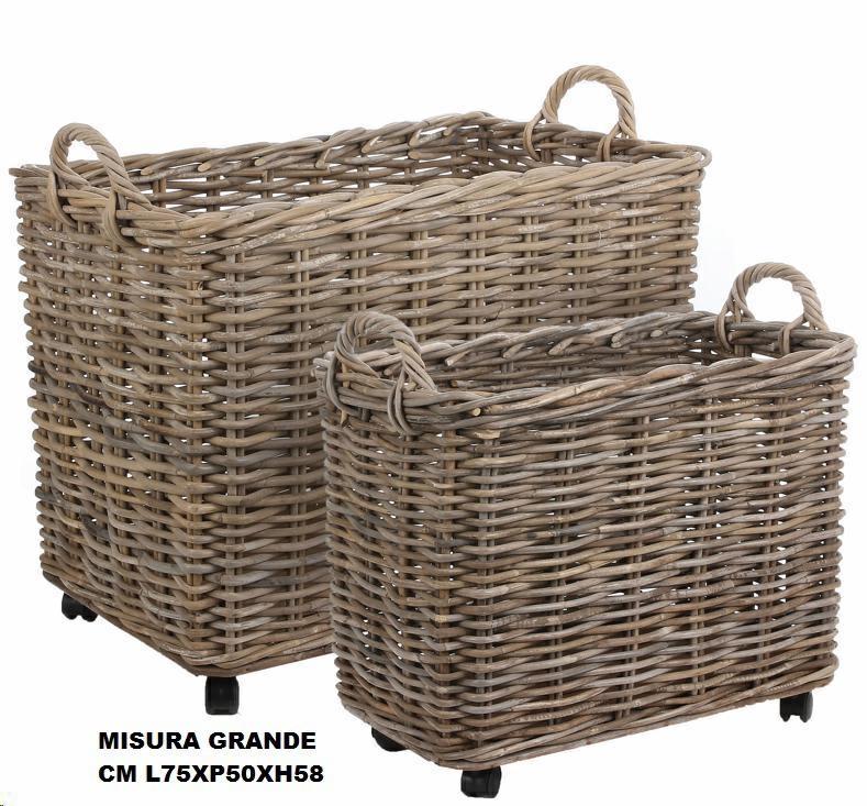 CESTA RETTANGOLARE RATTAN CON RUOTE E MANICI - L75XP50XH58CM