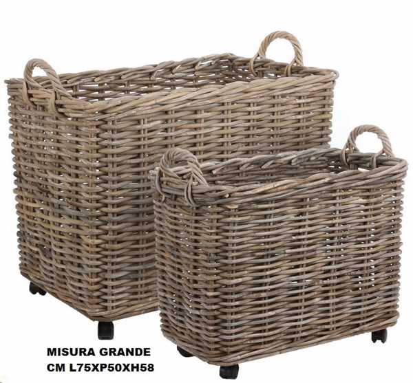 CESTA RETTANGOLARE RATTAN CON RUOTE E MANICI - L75XP50XH58CM