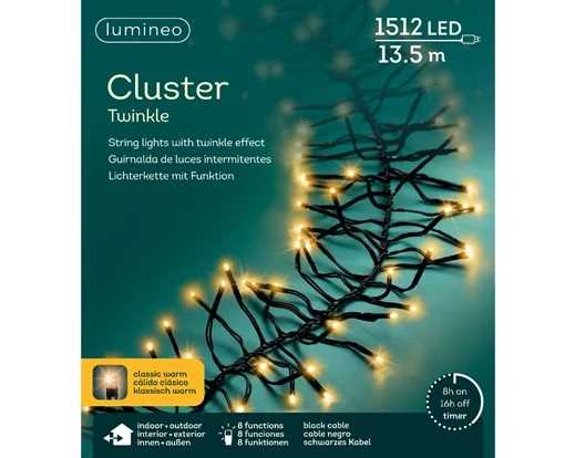 GHIRLANDA LUCE C.CLASSICO 1512LED MT13,5 FILO NERO 8 FUNZ.