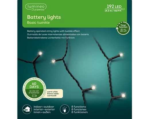 LUCI BATTERIA 192LED L.CALDA 14,3MT FILO NERO OUTDOOR