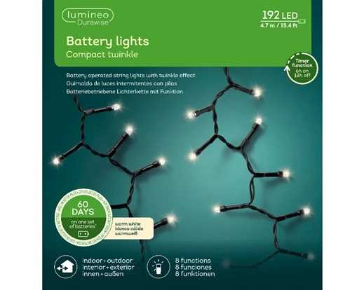 LUCI BATTERIA CLUSTER 192LED L.CALDA 4,7MT FILO NERO OUTDOOR