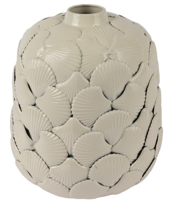 VASE IRON SHINY SHELL RELIEF OFF-WHITE DIA22CM X ALT.25.5CM
