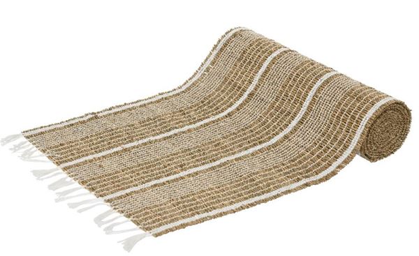 TABLERUNNER SEA GRASS RECTANGLE WHITE COTTON LINES AND FRING
