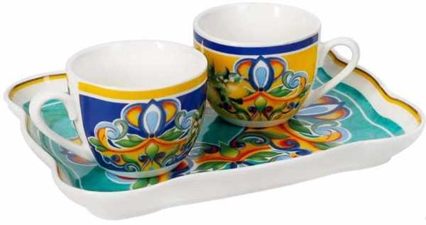 SET 2 TAZZINE CON VASSOIETTO TETE A TETE CITRUS PORCELLANA