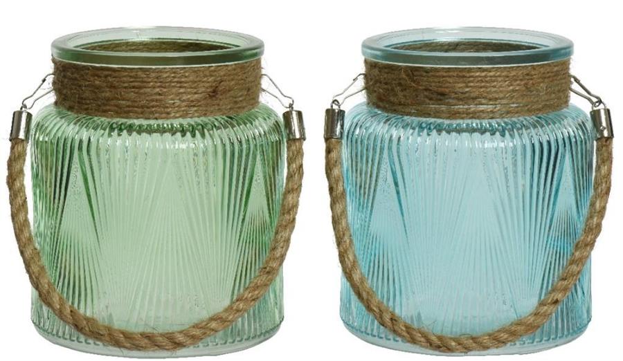 HURRICANE GLASS OPAQUE SPRAY COLOR METAL HANDLE W JUTE ROPE