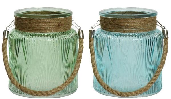 HURRICANE GLASS OPAQUE SPRAY COLOR METAL HANDLE W JUTE ROPE