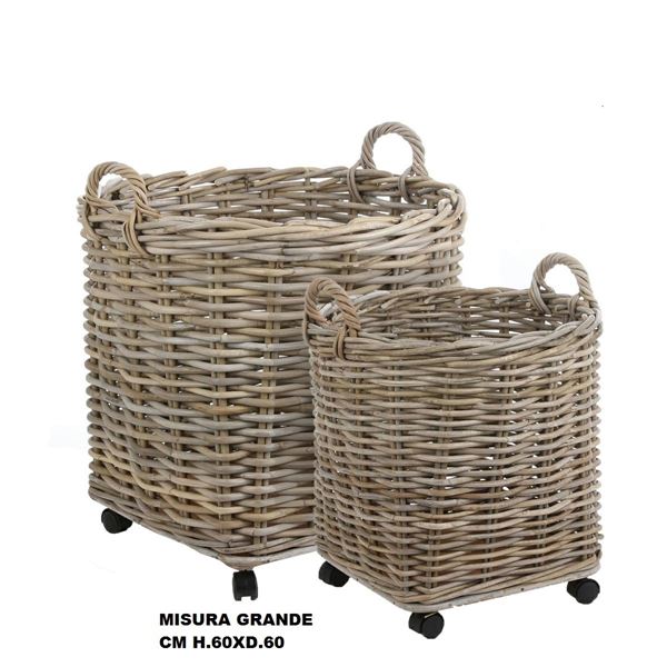 CESTA TONDA RATTAN CON RUOTE E MANICI - H60XD60CM