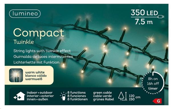 CATENA LUCE CALDA 350LED MT7,5 FILO VERDE TIMER+8FUNZIONI