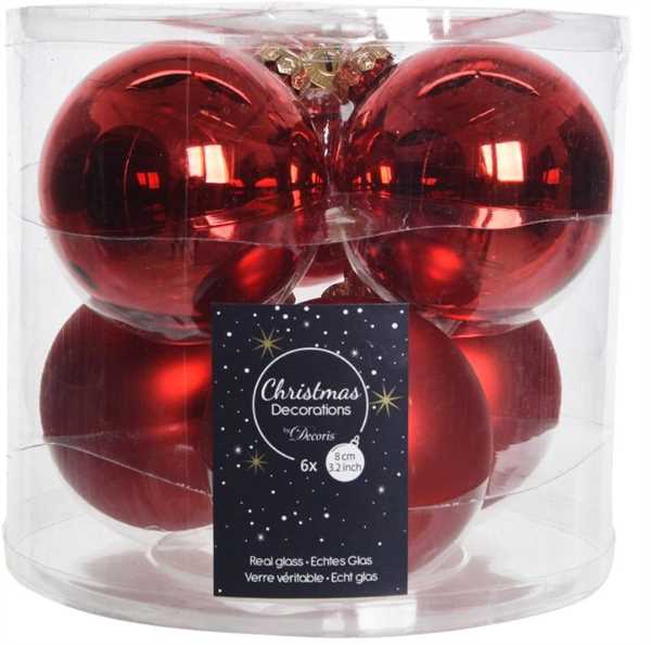 CONFEZIONE 6 PALLINE NATALE VETRO DIA8CM CHRISTMAS RED