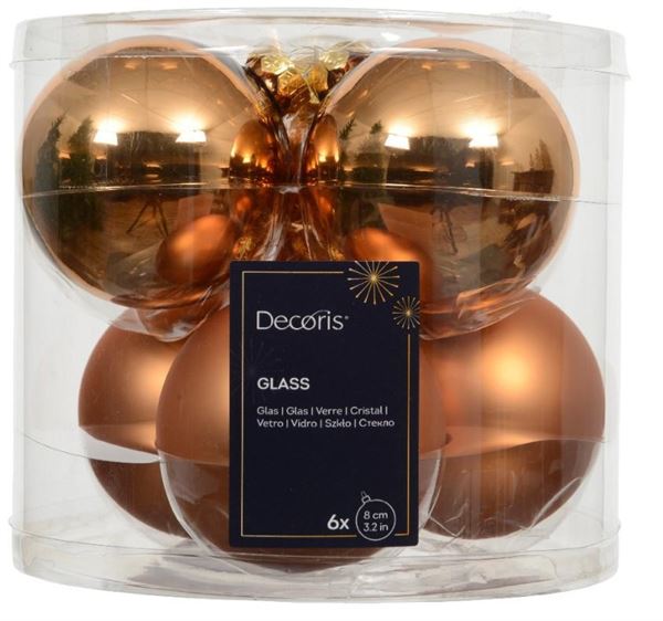 CONFEZIONE 6 PALLINE NATALE VETRO DIA8CM BRANDY
