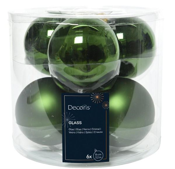 CONFEZIONE 6 PALLINE NATALE VETRO DIA8CM PINE GREEN