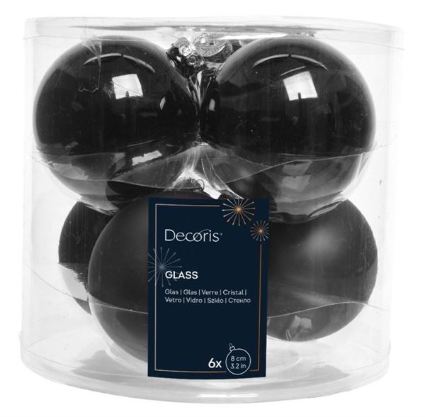 CONFEZIONE 6 PALLINE NATALE VETRO DIA8CM BLACK