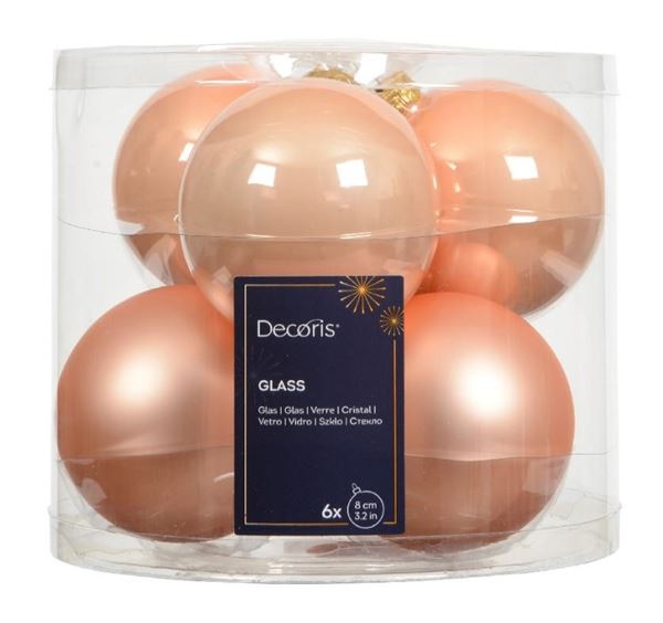 CONFEZIONE 6 PALLINE NATALE VETRO DIA8CM PEACH PEARL