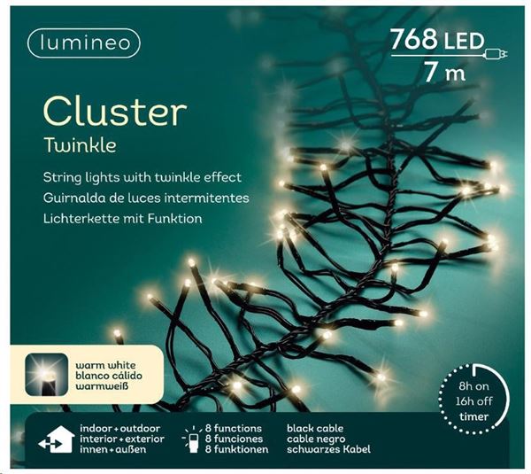 GHIRLANDA LUCE CALDA 768LED MT.6 FILO NERO IP44 8 FUNZIONI