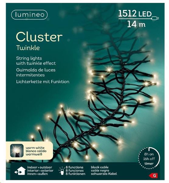 GHIRLANDA LUCE CALDA 1512LED MT13,5 FILO NERO 8 FUNZIONI