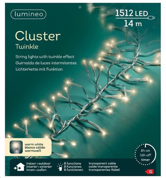 GHIRLANDA LUCE CALDA 1512LED MT13,5 FILO TRASPARE. 8FUNZIONI