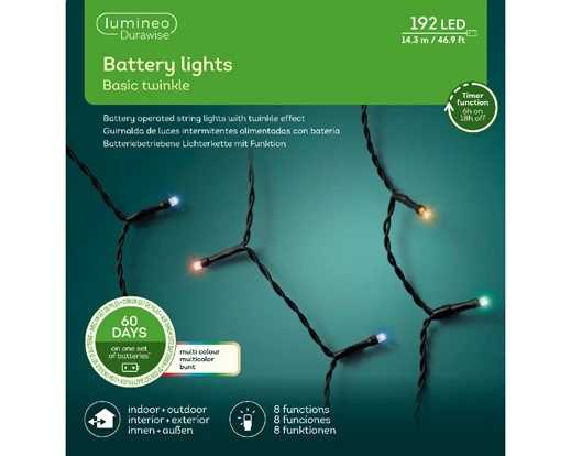 LUCI A BATTERIA 192LED MULTICOLOR 14.3MT FILO NERO 8FUNZ.