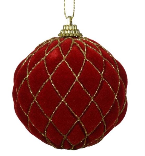 PALLINA NATALE PLASTICA VELLUTO ROSSO E GLITTER ORO DIA8CM