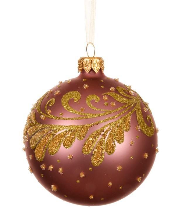PALLINA NATALE VETRO LEAF GOLD DIA8CM VINTAGE PINK