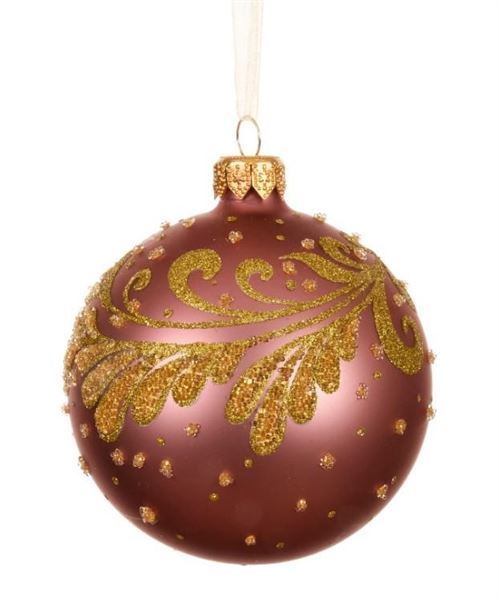 PALLINA NATALE VETRO LEAF GOLD DIA8CM VINTAGE PINK