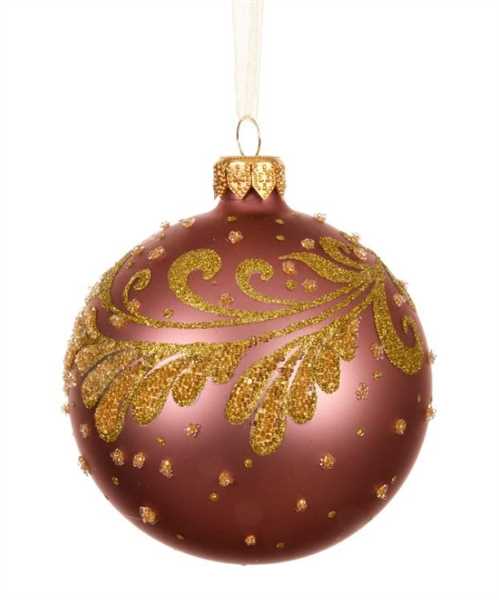 PALLINA NATALE VETRO LEAF GOLD DIA8CM VINTAGE PINK