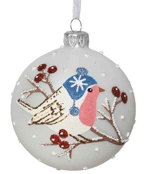 PALLINA DI NATALE VETRO OPACO UCCELLO CM.D8 WINTER WHITE