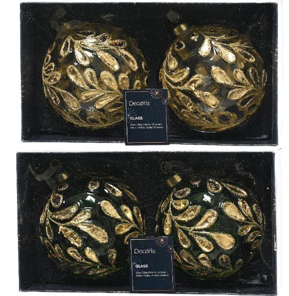 PALLINA NATALE VETRO FOGLIE GLITTER DIA10CM 2 COL. ASS.