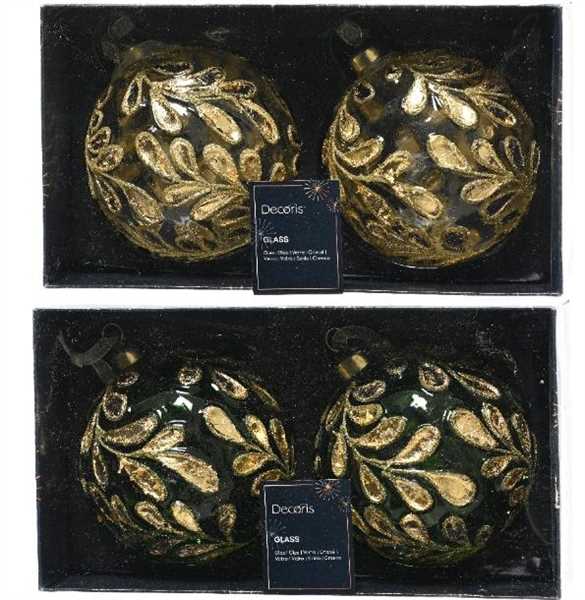 PALLINA NATALE VETRO FOGLIE GLITTER DIA10CM 2 COL. ASS.