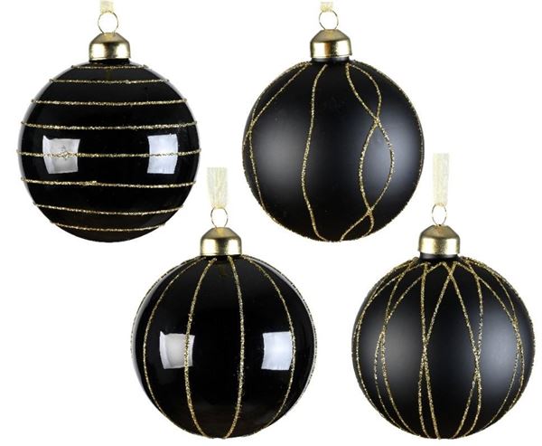 PALLINA NATALE VETRO LINEE GLITTER DIA8CM BLACK 4MOD.ASS.