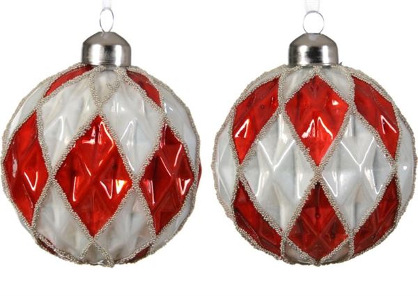 PALLINA DI NATALE VETRO ROMBI E PERLINE CM.D8 CHRISTMAS RED