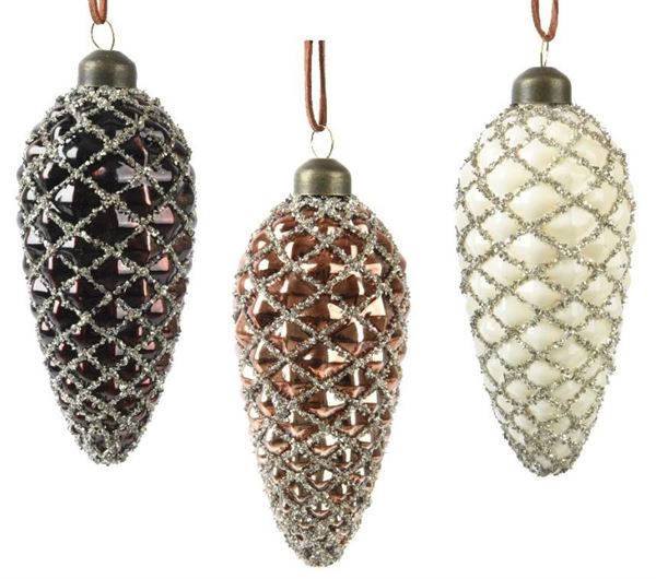 PENDENTE PIGNA VETRO GLITTER ARGENTO CM.D6X12 3 COL. ASS.