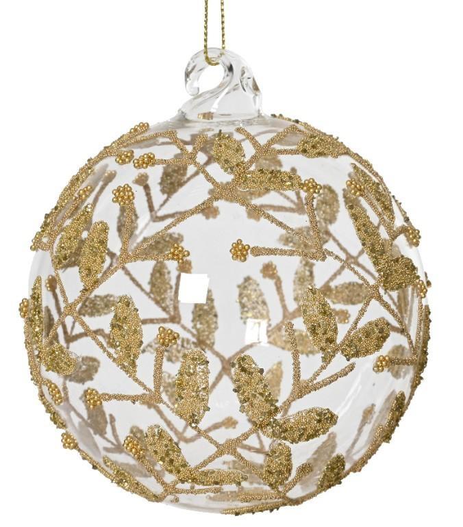 PALLINA NATALE VETRO FOGLIE PERLINE E GLITTER CM.D12 TRA/GOL