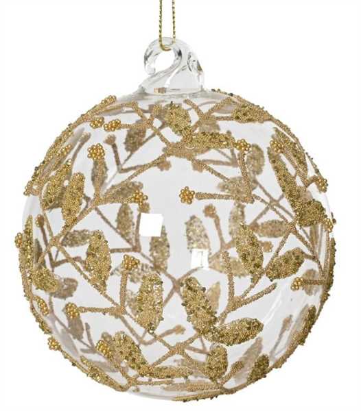 PALLINA NATALE VETRO FOGLIE PERLINE E GLITTER CM.D12 TRA/GOL