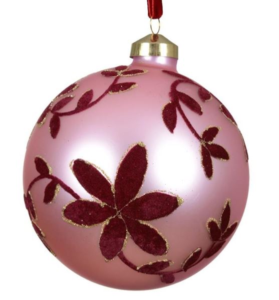 PALLINA NATALE VETRO FOGLIE VELLUTI DIA12CM VELVET PINK