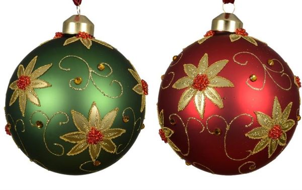 PALLINA NATALE VETRO FIORI DIA10CM 2 COL. ASS.