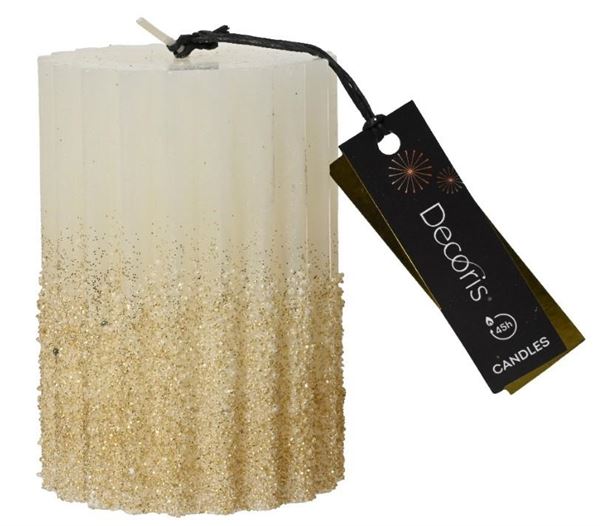CANDELA PILLAR PARAFFINA GLITTER ORO CM.D7X10H WOOL WHITE