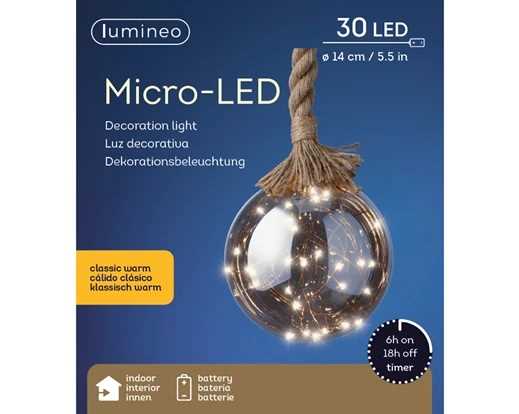 SFERA VETRO 30 MICROLED L.CALDO CLASSICO CM.D14 JUTA 1MT BAT