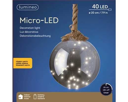 SFERA VETRO 40 MICROLED L.CALDO CLASSICO CM.D20 JUTA 1MT BAT