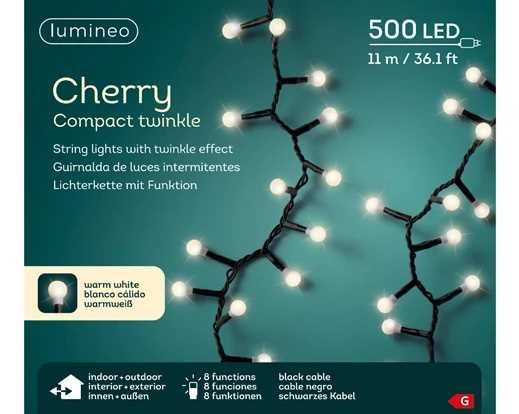 CATENA 500LED C/CAPS L.CALDA 11MT FILO NERO TIMER+8FUNZ IP44