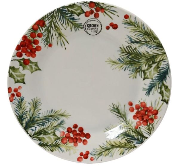 PIATTO PIANO PORCELLANA FOGLIE E BACCHE CM.D20,5 WH/GRE/RED